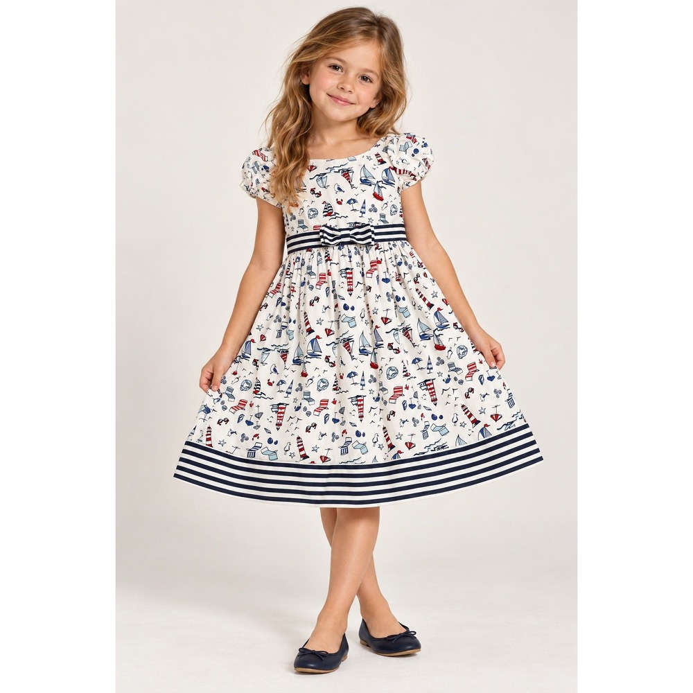 Camilla Girls Nautical Sailboat Print Cotton Fit & Flare Dress Size 5T